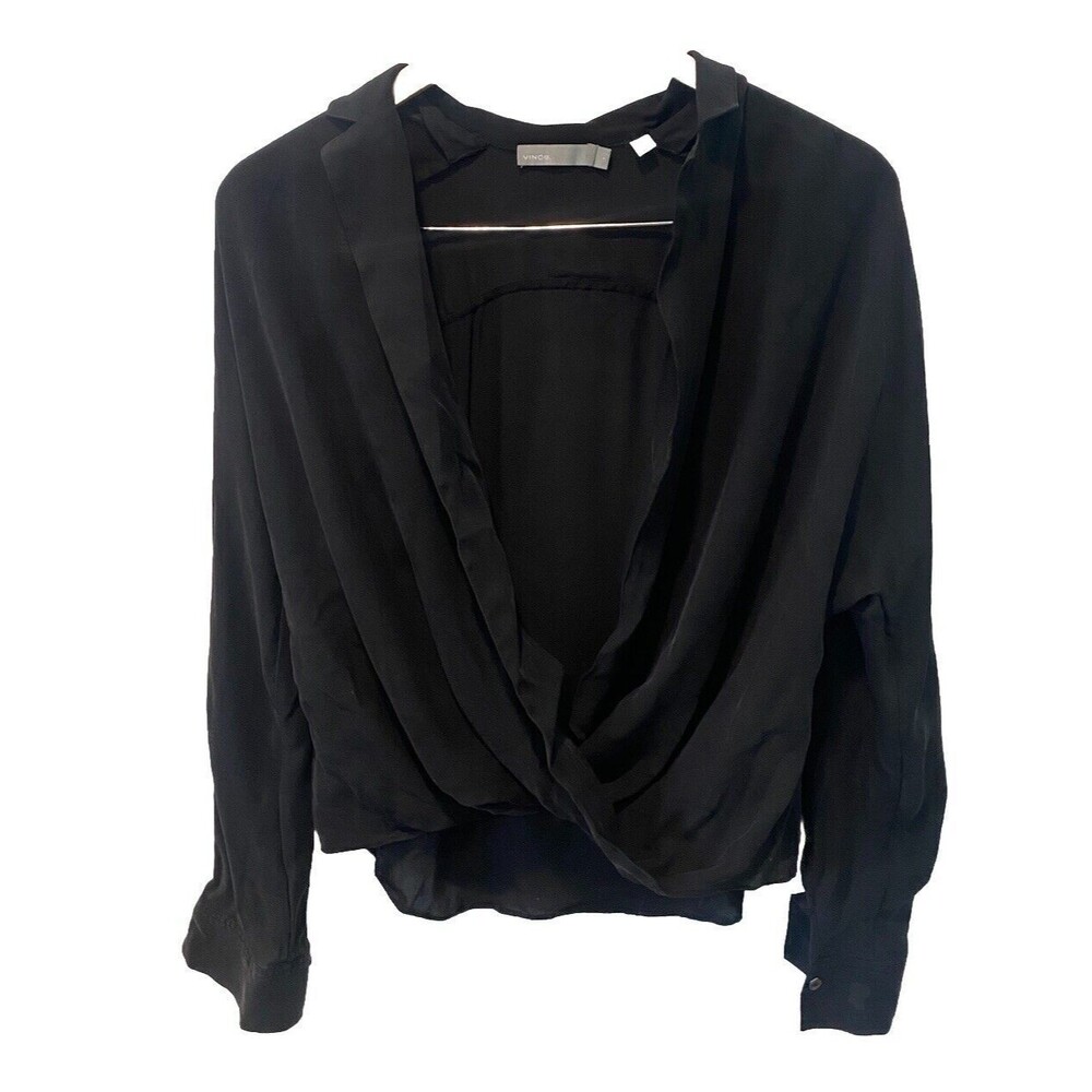 Vince drape front long sleeve 100% silk blouse Black Women's Size 4